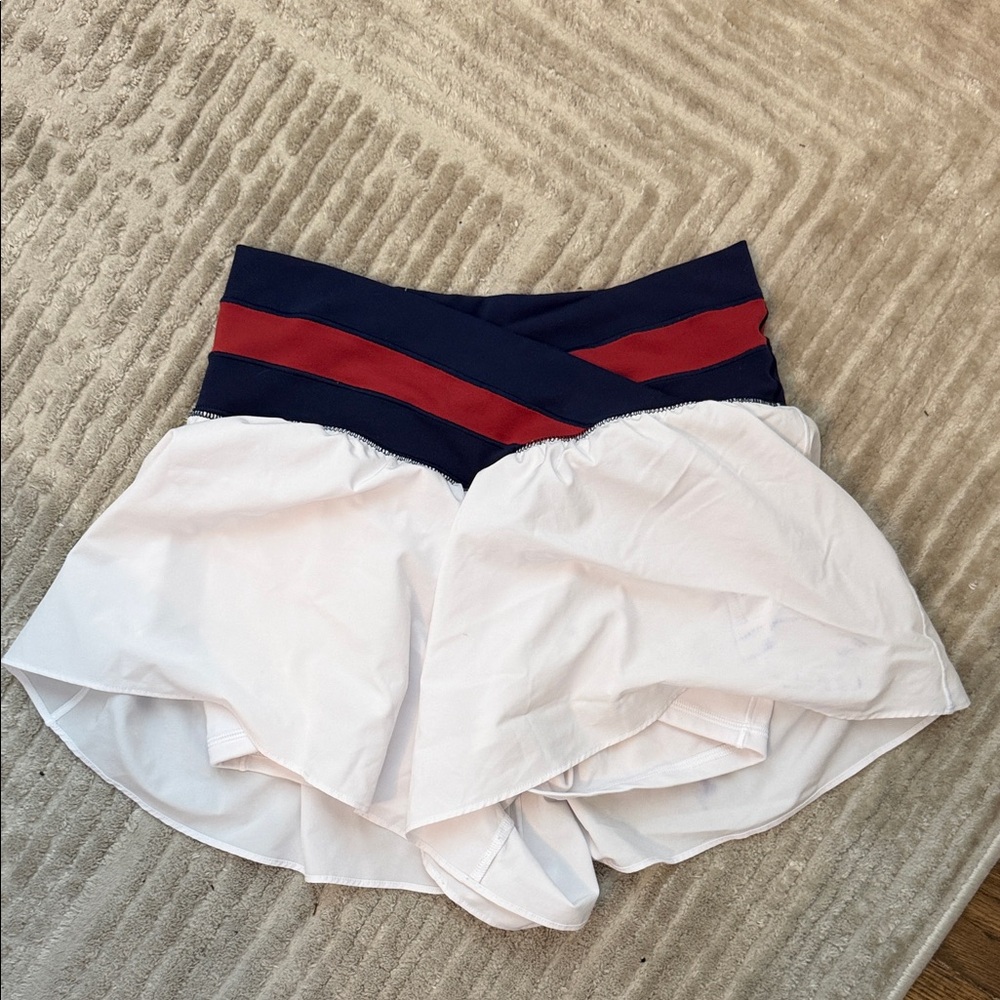 Aerie Women's Athletic Shorts in White and Navy with Red Accent